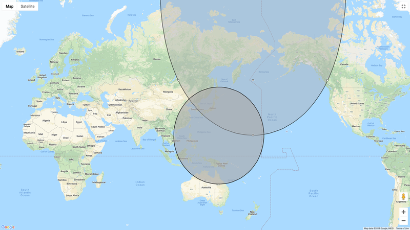 Range fans for a 4,000 kilometer ballistic missile launched from Guam and the Aleutian Islands.